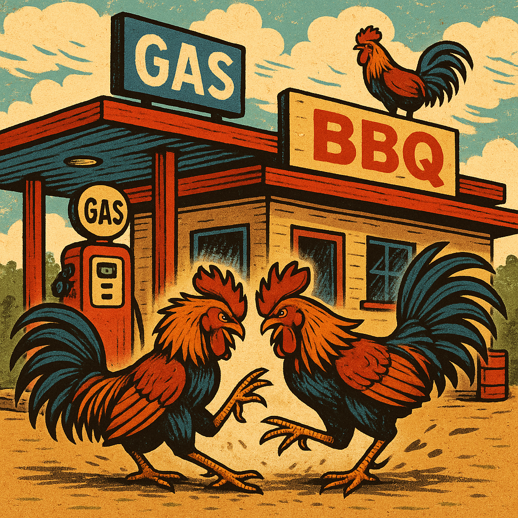 BBQ gas station cockfight and the new Velvet Elvis